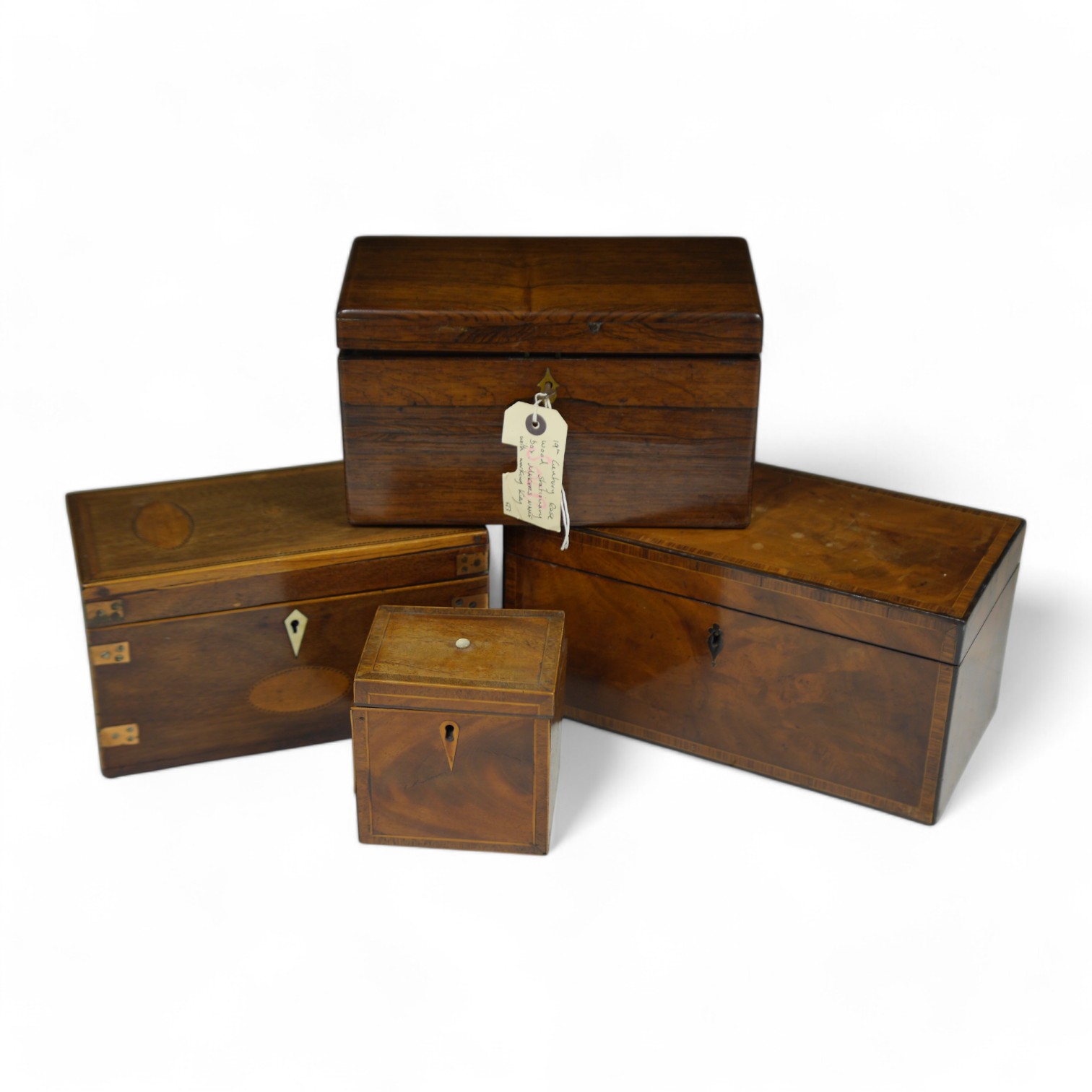 An early 19th century inlaid tea caddy, two sewing boxes and a stationery box, 25.5cm x 14cm various. Condition - stationery box good, others have some damage